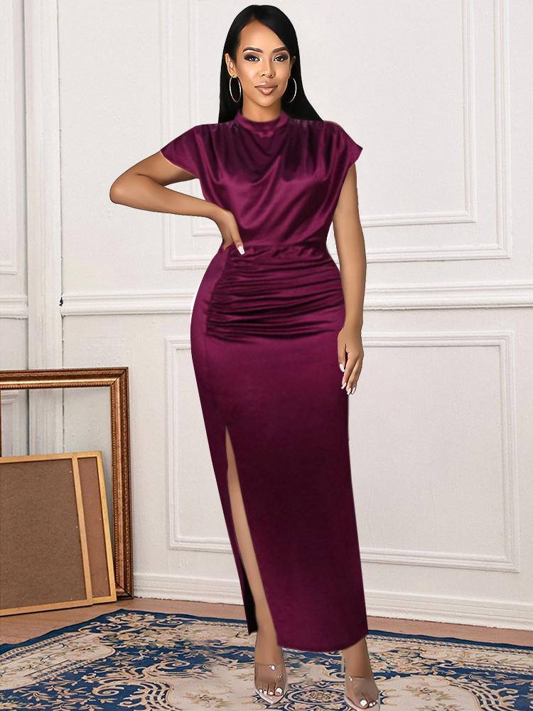 Women Dress Pleated Long Wine Red Elegant Slit High Collar Slim Fit Sleeveless Maxi Outfits Plus Size Evening Party Shiny Gowns