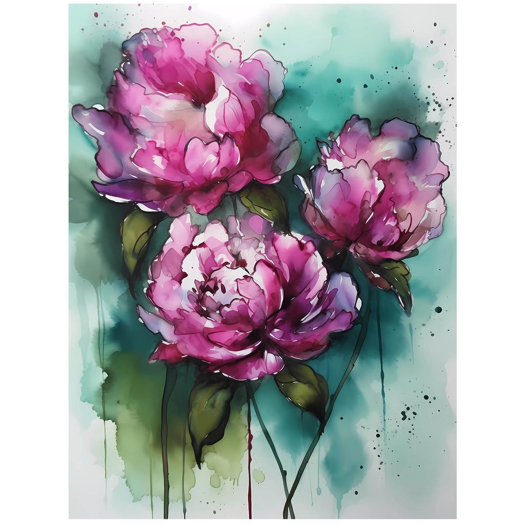 Розовые Пионы На Зеленом Фоне Розовые Пионы На Зеленом Фоне, 30x40 См, Черная Алюминиевая Рама, Матовая Бумага 230 г/м²