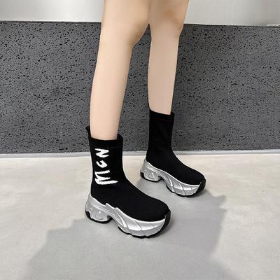 Женские вязаные эластичные сапоги до середины голени в европейском стиле 2024 года: Модный дизайн на толстой подошве для похудения
