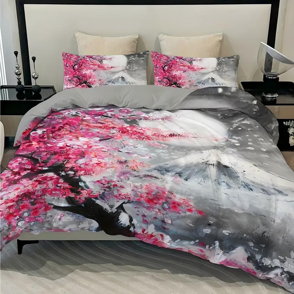 Comforter Cherry Tree Mountain Oil Painting Snow Scene Print Japan Minimalist Style Home Textiles Soft S