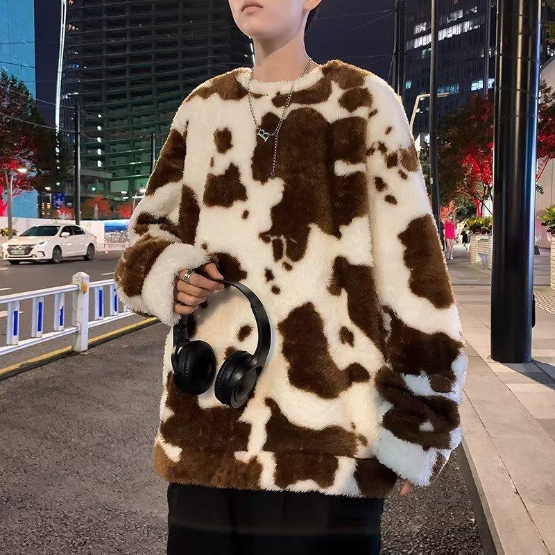 Cow Lamb Fleece Sweater Male Hip Hop Oversize Loose Thickened Coat Student Versatile Plush