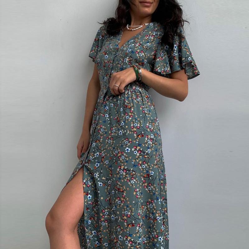 Fashion Women Summer Flower Printed Dress Elegant Short Sleeve Dresses V-Neck Lace-up Sundress Short Sleeve Dress 28113