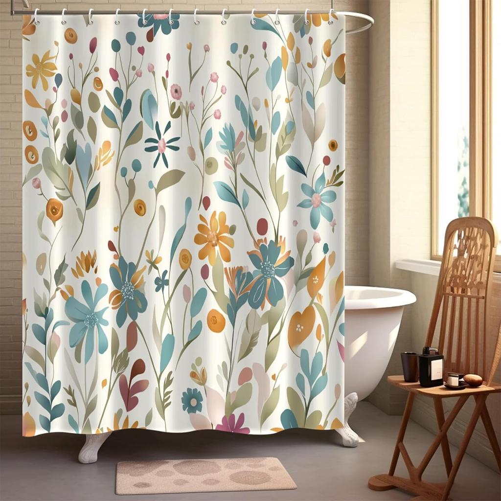 Boho Colorful Wildflower Floral Shower Curtain, Herbs Waterproof Washable Bathroom Bathtub Decor Curtain With Hooks