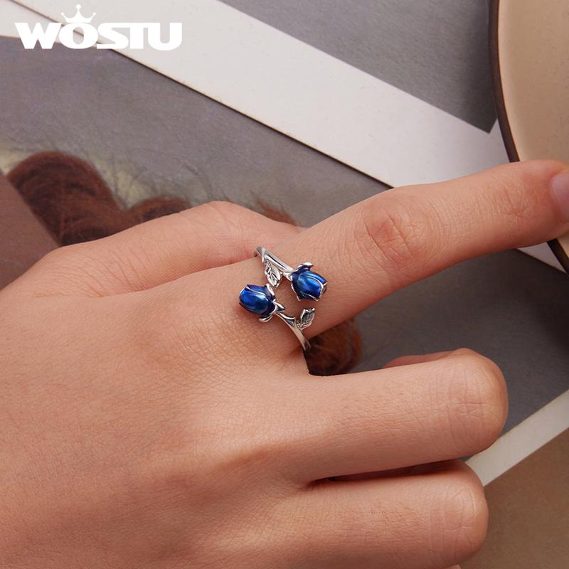 WOSTU 925 Sterling Silver Enamel Rose Flower Statement Ring for Women Mystic Blue Rose Open Ring For Lover Family Jewelry Gift