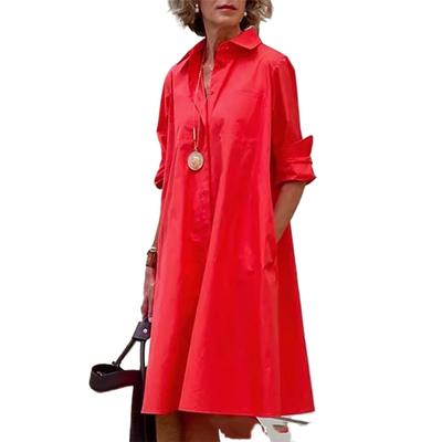 Женское однотонное платье-рубашка с длинными рукавами и лацканами, простое, свободного покроя, длиной до колена