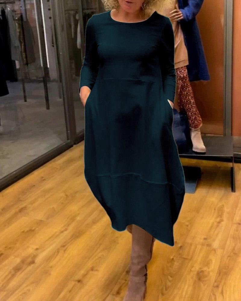 Осенне-зимнее однотонное повседневное платье с длинным рукавом и карманом, с круглым вырезом