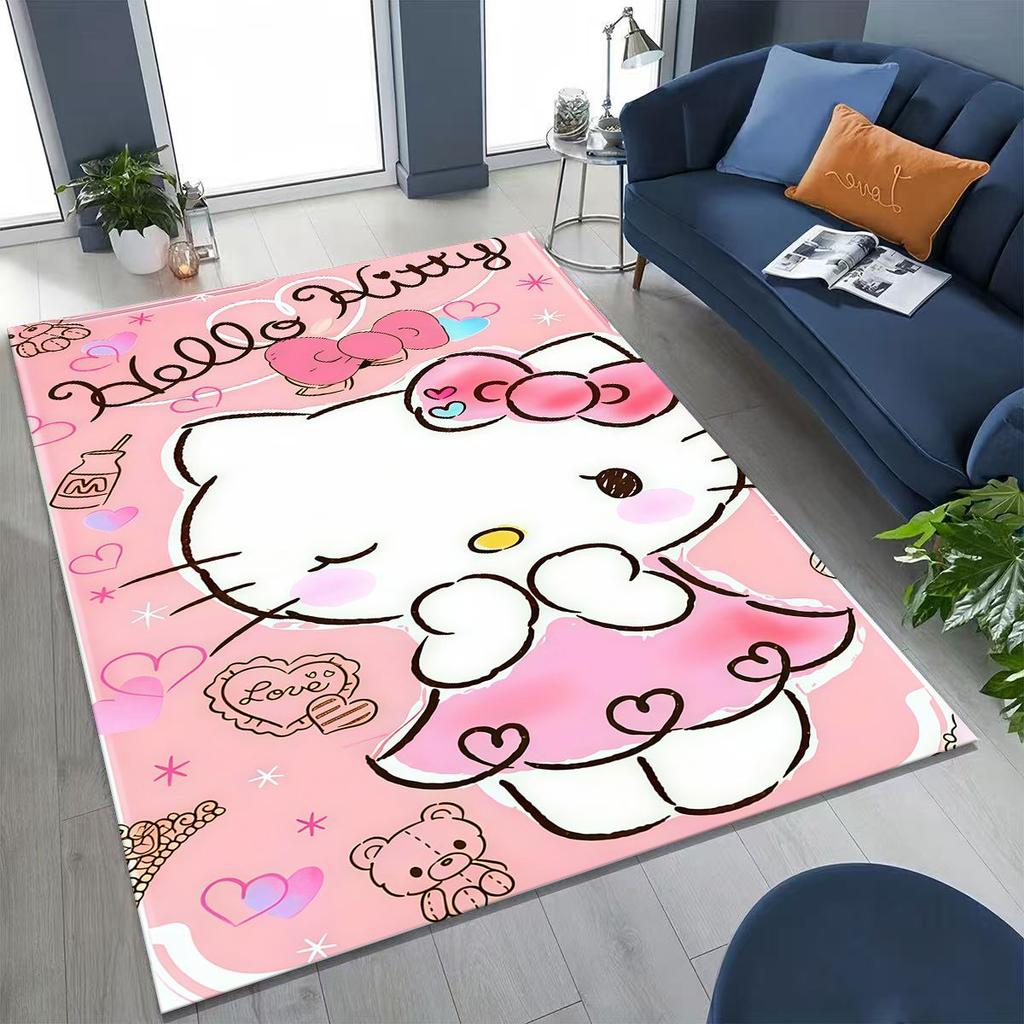 3D Cute Hello Kitty Sanrio Cartoon Rug for Bedroom Living Room Sofa Home Doormat Decor, Large Kid Play Non-slip Floor Mat Gift