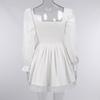 Women Fall Cute Sweet Puff Sleeve Square Collar Solid Color High Waist A-line Lace Princess Dress