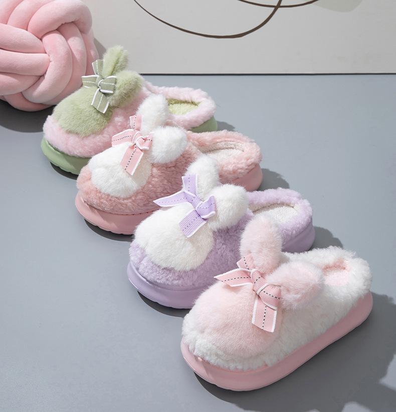 Новые женские зимние домашние тапочки с пушистыми ушками кролика, хлопковая обувь для женщин, зимние легкие меховые шлепанцы, розовые тапочки-кролики