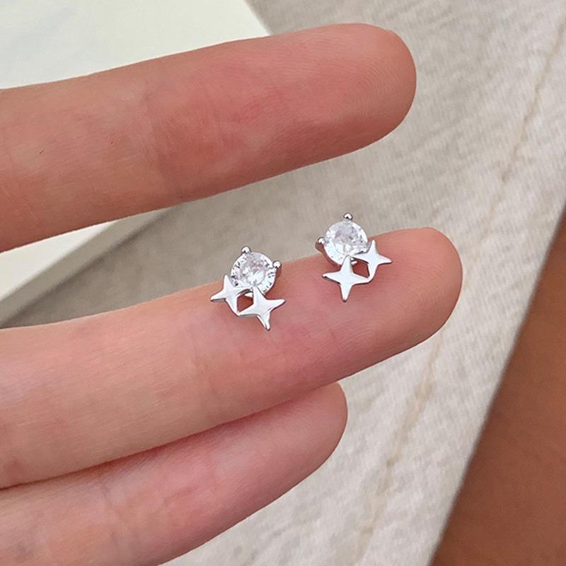 Серьги-гвоздики S925 с посеребренным покрытием, уникальный дизайн, серьги-гвоздики со звездами и цирконом, женские художественные маленькие серьги-гвоздики с бриллиантами и четырьмя звездами из свежей гавани