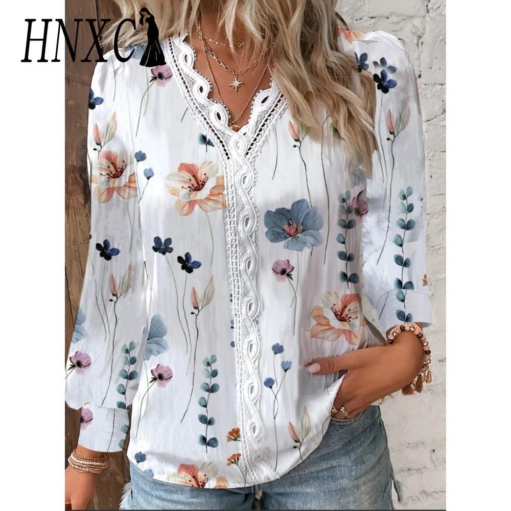 HNXC Women's Fashion Casual Autumn Winter Floral Print Long Sleeve V-Neck Blouses & Shirts