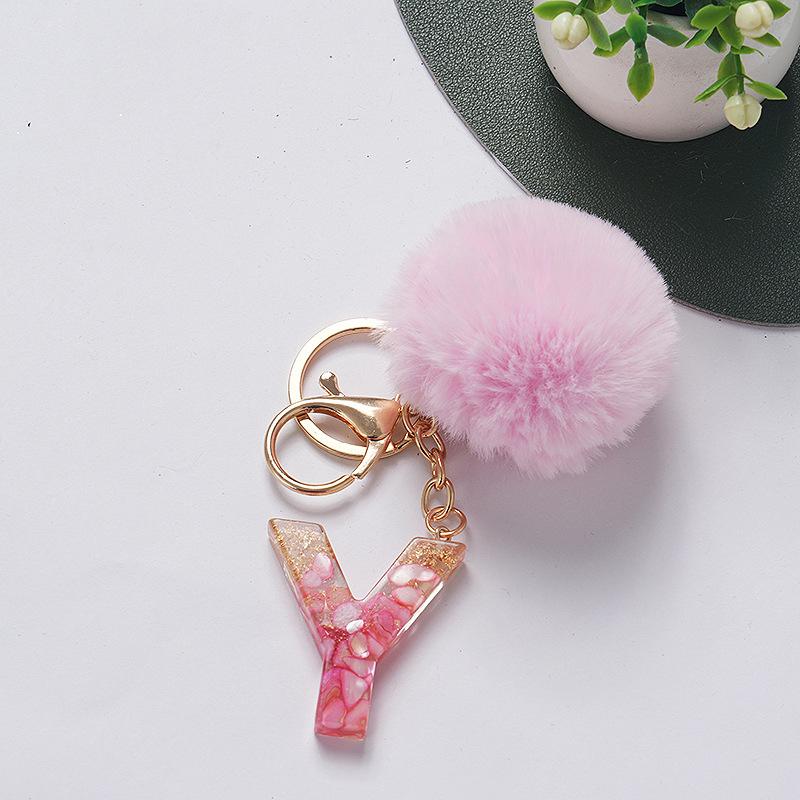 Милый брелок Розовый помпон Меховой шарик Брелок с 26 буквами Смола Брелоки Подвески для сумки Украшения Аксессуары Подарок