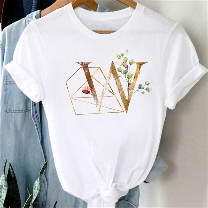 Custom Name Letter Combination Women T Shirt Floral Gold Letter Font A B C D Print Short Sleeve Tee Tops Female T-shirt Clothes