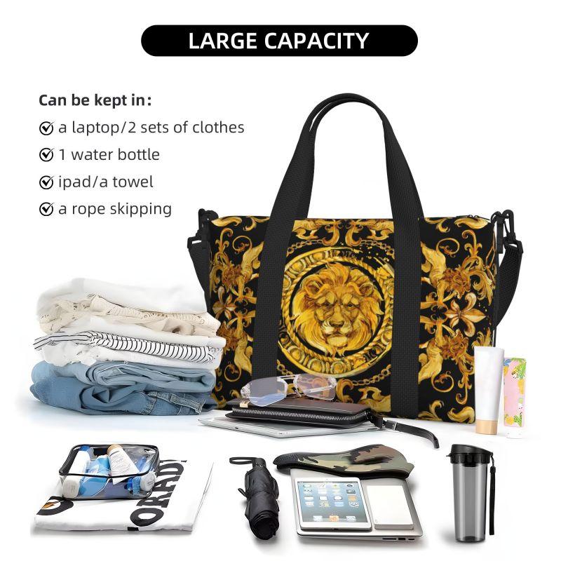 Golden Lion Baroque Pattern Travel Duffel Bag Personalized Weekender Overnight Bags with Shoulder Strap Unisex Sports Gym Bag
