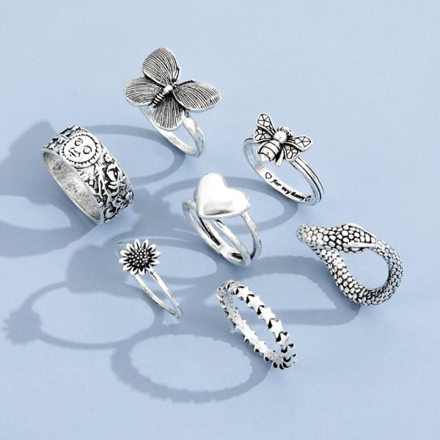 Винтажный готический набор колец Goblincore, уникальное серебряное кольцо с сердечком, бабочкой и змеей, сказочные аксессуары в стиле гранж, ювелирные изделия в стиле панк, хип-хоп, Y2k