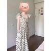 Retro Gentle Wind Black and White Polka Dot Small Flying Sleeve Dress Vacation Style Temperament Waist a Word Long Dress Summer