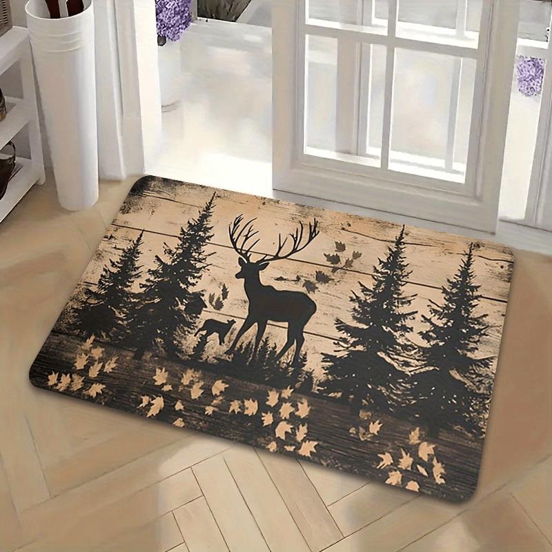 1pc Forest Guardian Deer & Pine Forest Welcome Mat - Thick Plush Polyester Non-Slip Doormat, 1.02cm Sponge Padding & 580g/m2, Machine Washable Indoor/