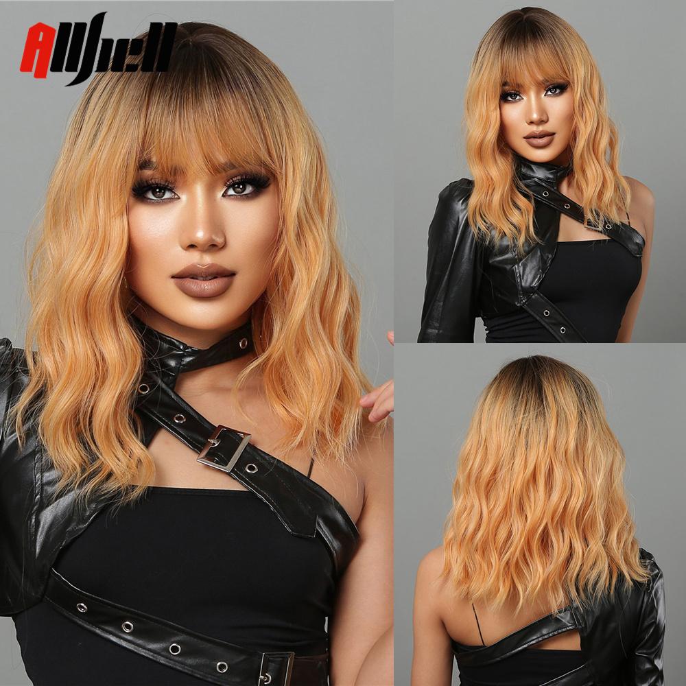 Bob Wavy Synthetic Wigs With Bangs for Women Blonde Ombre Medium Length Water Wave Wig Heat Resistant Fiber Hair Party Cosplay