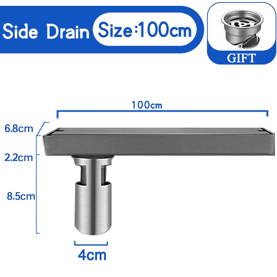 Невидимый слив для плитки из нержавеющей стали, серый, для душа в ванной, длинный, линейный, боковой слив для пола 60 70 80 90 100 см