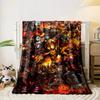 The image showcases fiery-themed, armored characters in a chaotic battle. for all seasons blanket lunch break throw gift