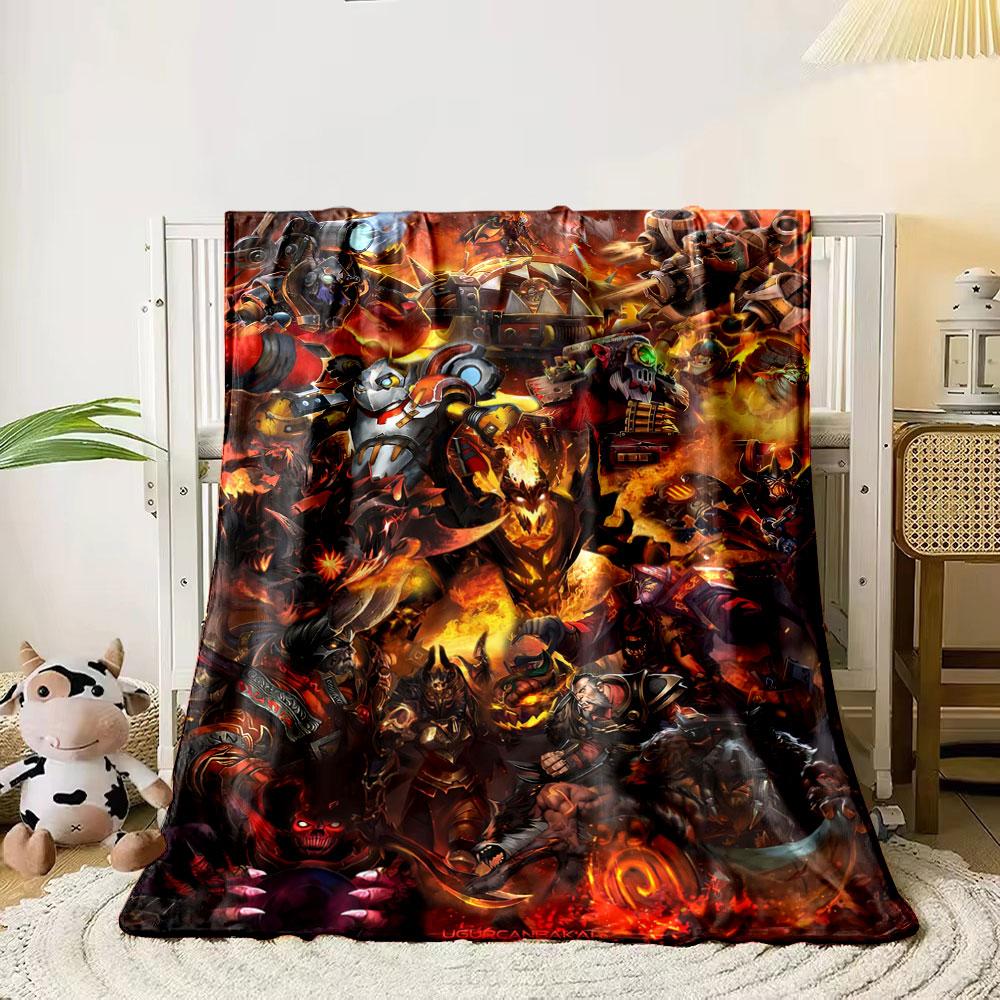 The image showcases fiery-themed, armored characters in a chaotic battle. for all seasons blanket lunch break throw gift