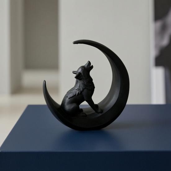 3D-печатная статуэтка воющего волка, фигурка волка на луне, черная скульптура волка для дома, офиса, кабинета, настольного декора