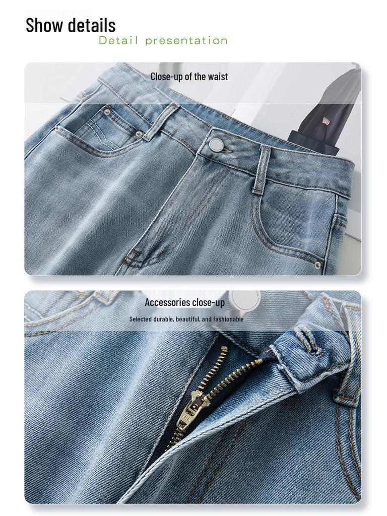 Лето 2025 Женские джинсы из ретро-синего денима с высокой посадкой - Широкие штанины, Слим-фит, Укороченная посадка