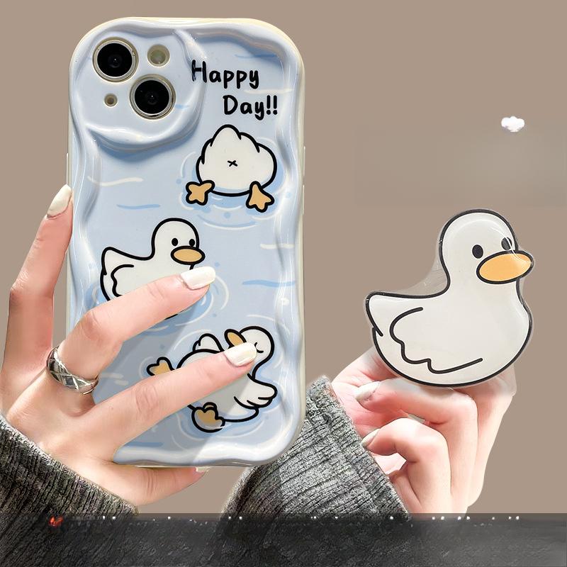 Applicable To Apple 14promax Mobile Phone Case IPhone 15/13 Cute Duck Bracket Chain 11/12mini Transparent
