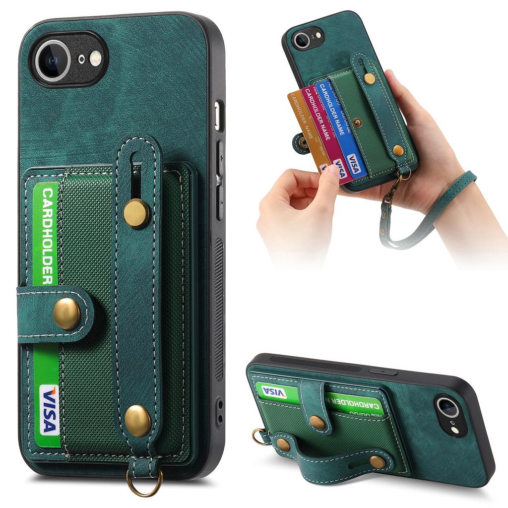 For iPhone 16e Retro PU Leather Back Cover with Card Holder and Wristband Kickstand