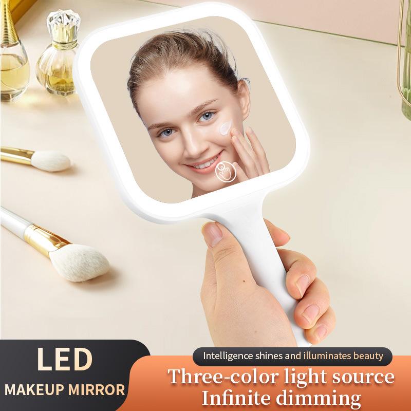 Portable Handheld Makeup Mirror 3 Color Light Led Makeup Mirror Touching Mirror Square Makeup Vanity Mirrors With Handle Hand