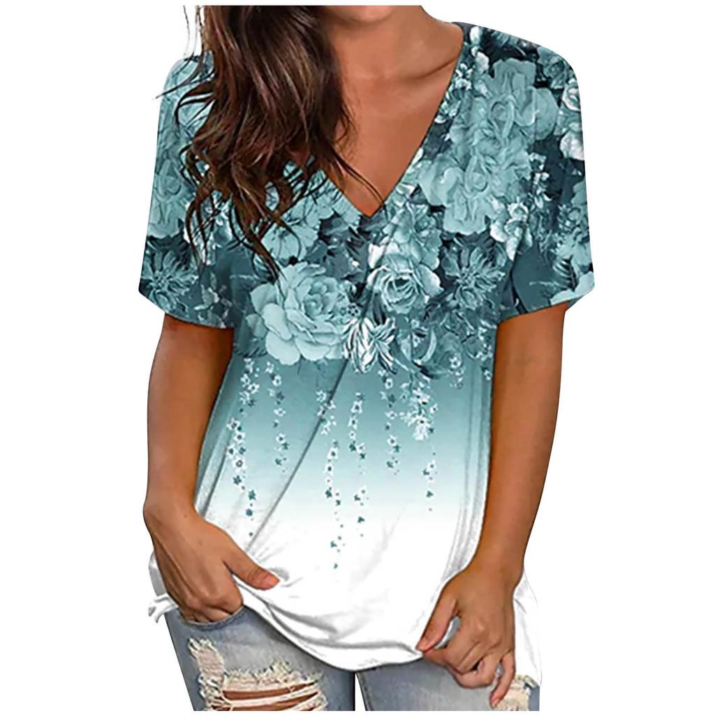 Модная женская футболка с V-образным вырезом, элегантная, модная, с коротким рукавом, летняя, с 3D-принтом, с цветочным принтом, свободные топы, несколько цветов