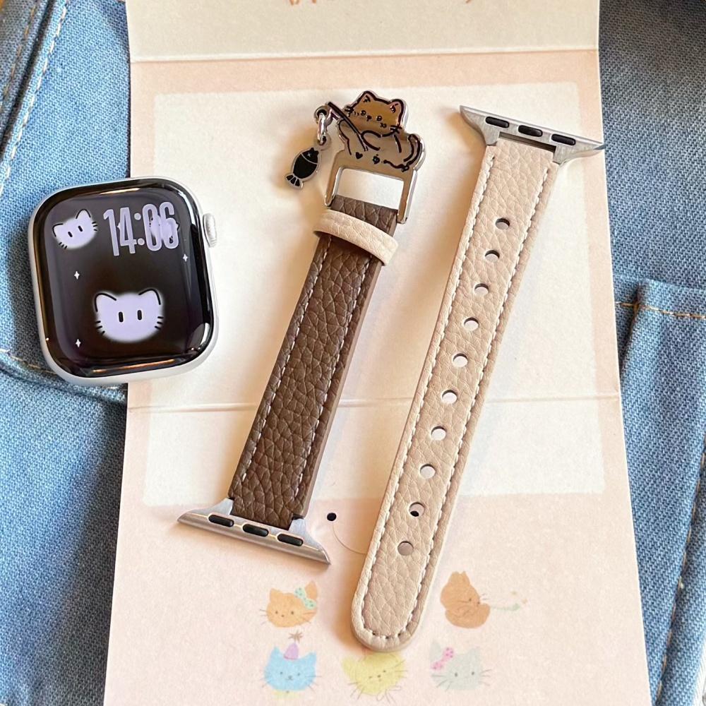 Cute litchi grain leather thin watch band for women for Apple Watch Series 12 11 10 SE1 2 3/Ultra4 3 2 1 38-49mm
