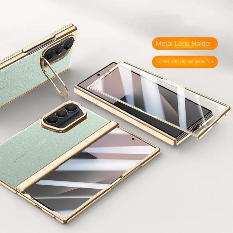 Гальванизированный чехол из гладкой кожи на пружинных петлях для Samsung Galaxy Z Fold 7, всесторонняя защита, задняя крышка из закаленного стекла