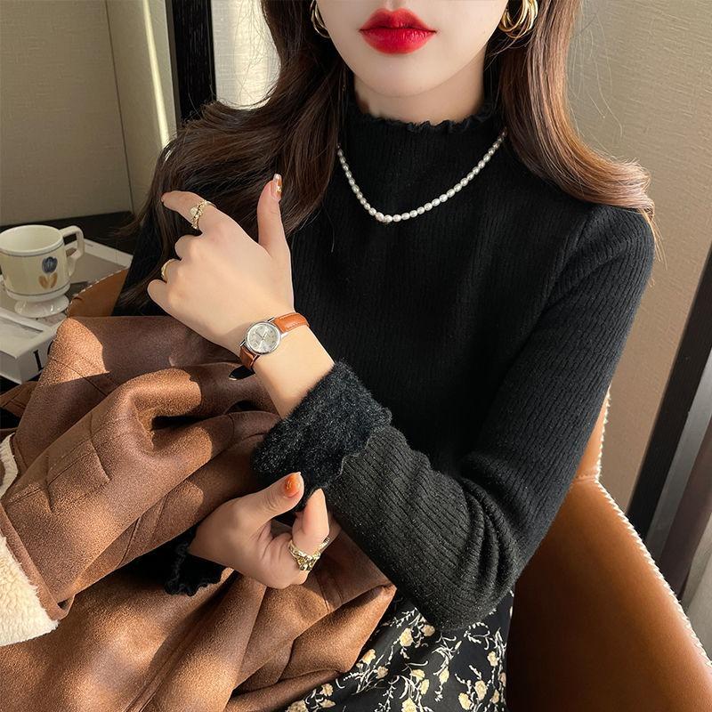 Женская зимняя утепленная тонкая водолазка с длинным рукавом из бархата, мягкий трикотажный пуловер, повседневная термовязаная рубашка