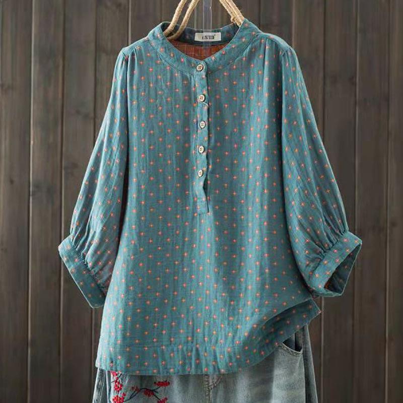 Весенняя хлопковая пряжа ретро рубашка женская стойка воротник принт блузка девушка короткий рукав повседневный модный топ лето