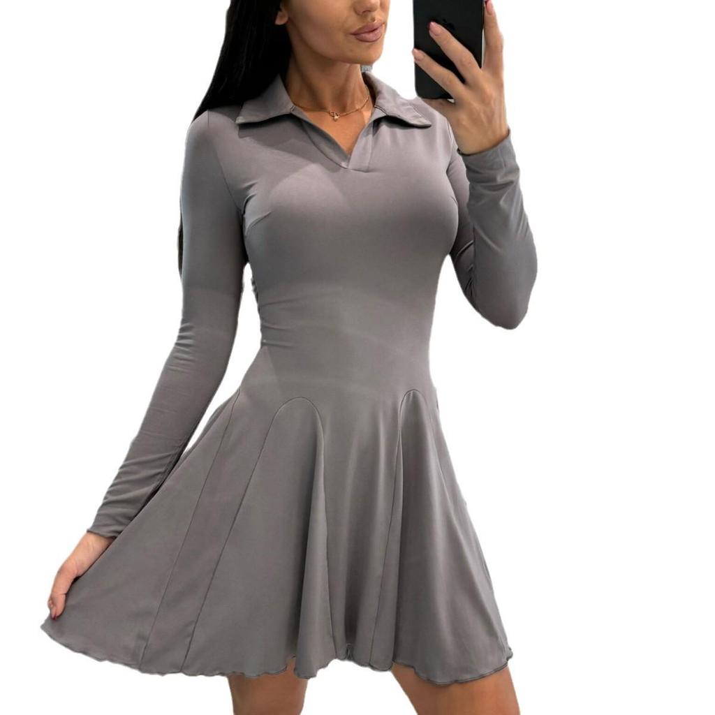 Женское осеннее платье с длинным рукавом, облегающее талию, с лацканами – однотонное