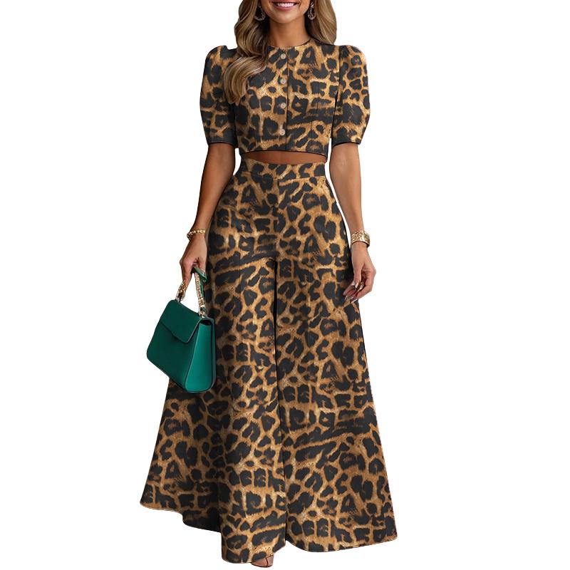 ZANZEA Womens Cropped Tops and Wide Leg Pants Leopard Print Two Piece Suit Sets