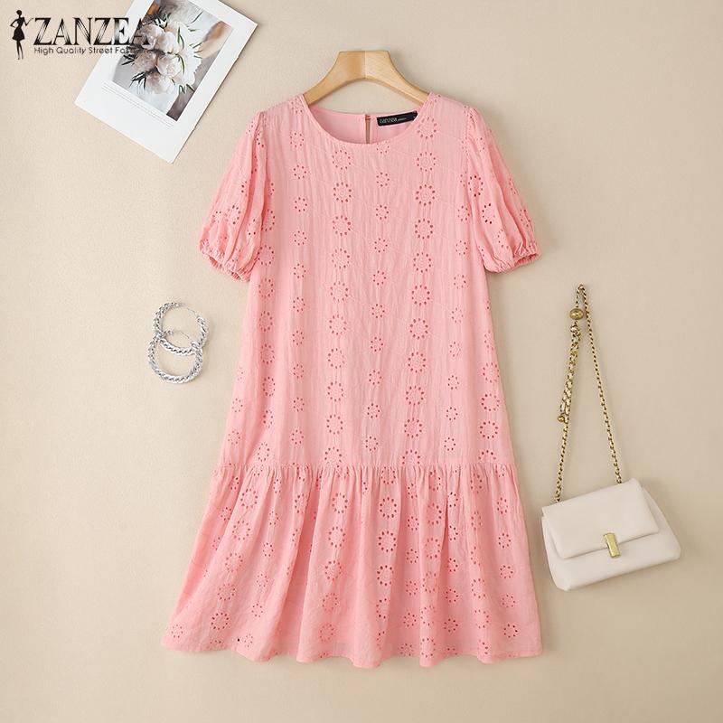ZANZEA Womens Summer Short Sleeve Hollow Crochet Embroidery Patchwork Casual Dress