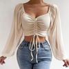 Women Tops Puff Sleeve Sexy Close-Fitting Drawstring V-neck Hot Tee Shirts