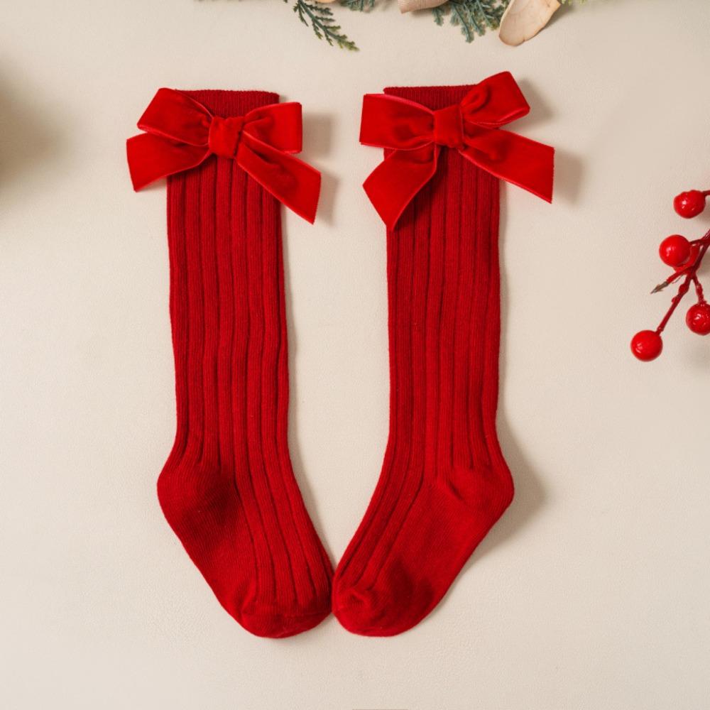 Red Kids Red Socks Cotton Bow Middle Tube Socks Soft Baby Knee High Long Sock Christmas Gifts