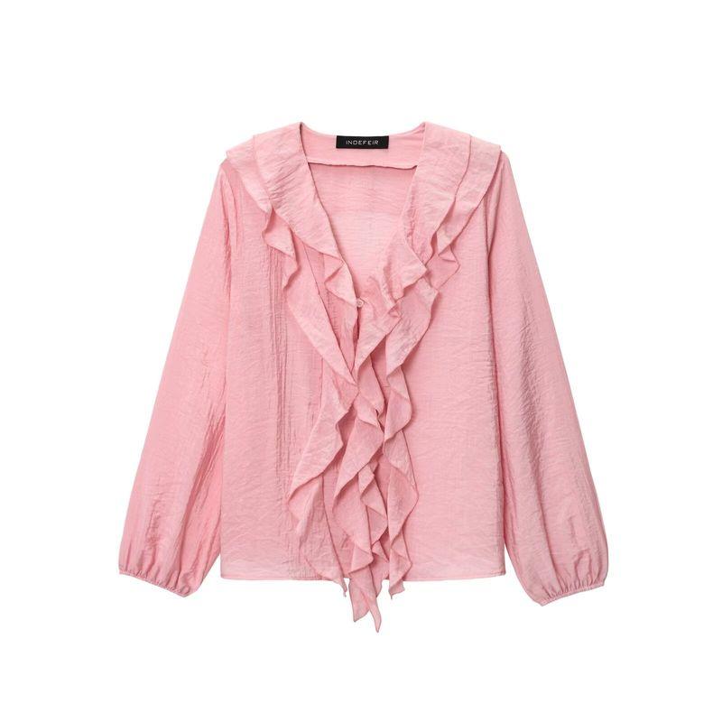 Kaslead New Arrival Women's Clothing Fashion Style Fashion Laminated Decoration Puffy Long Sleeves V-neck Shirt 9479040