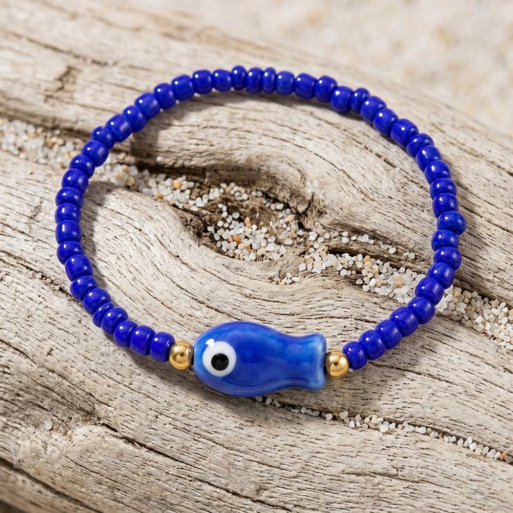 Sea Series Fish Pendant Bracelet Colorful Beach Bangle Retro Polka Dot Bead Bracelet Summer