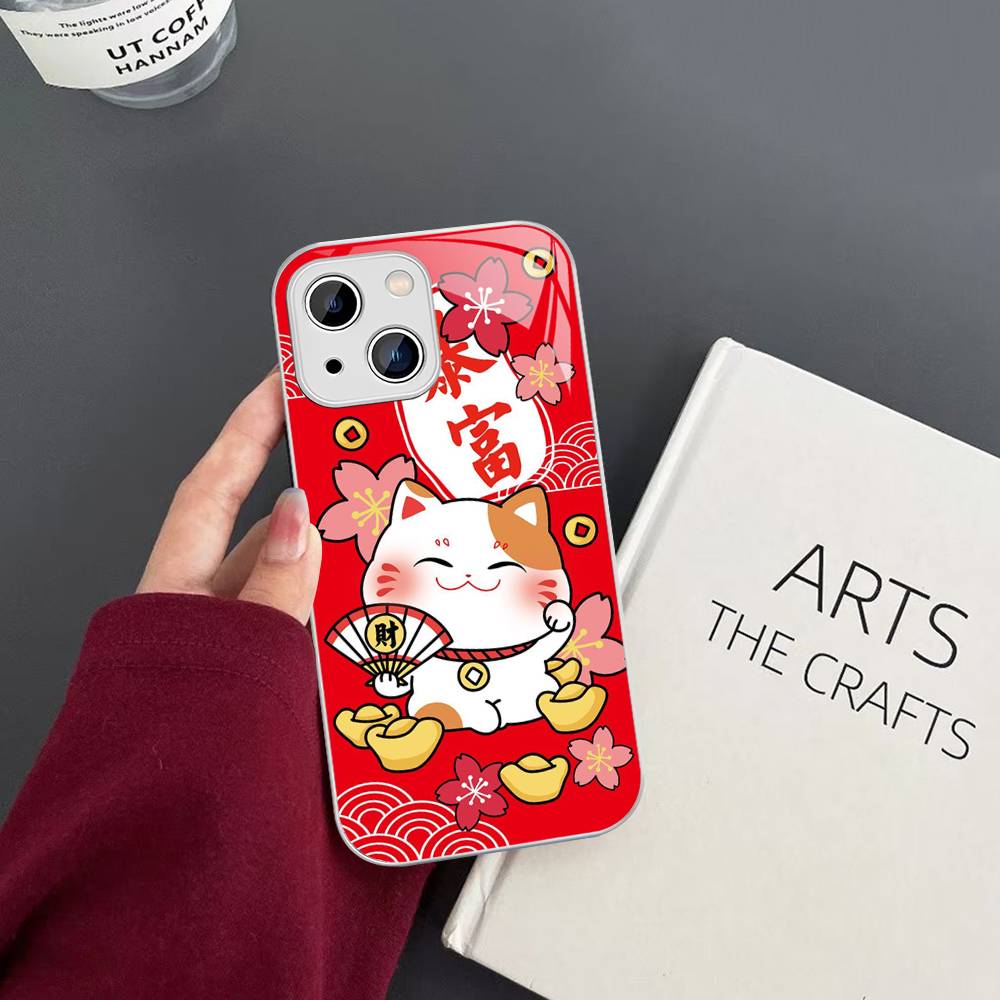 Счастливый кот Манэки-нэко Закаленное стекло Для Iphone 14 13 12 11 Pro Mini XS MAX 14Plus X XS XR Чехол