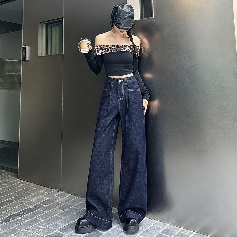 Blue High Waist Wide-leg Jeans for Women In Spring and Autumn New Loose Slim Hottie Retro Straight-leg Floor Pants