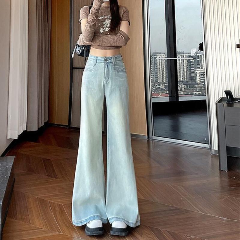 Белые широкие джинсы клеш для женщин на весну и осень, новые, с высокой талией, свободные, эластичные, стройнящие, клеш от колена