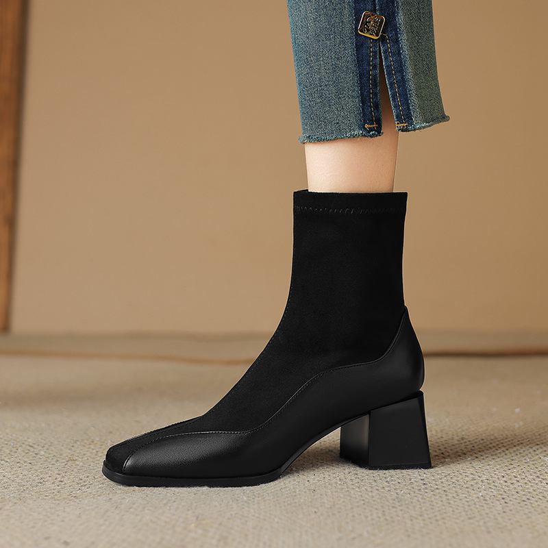 Krazing Pot Cow Skin Flock Autumn Winter Shoes Big Size Modern Boots Med Heels Patch Work Square Toe Keep Warm Size 43 Ankle Boots