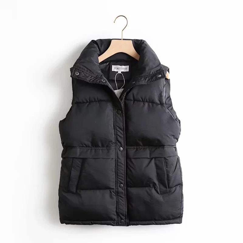 Autumn Winter Women's Short Outerwear Solid Loose Vest Drawstring Stand Collar Long Vest Jacket Cotton Padded Women Windproof Warm Waistcoat