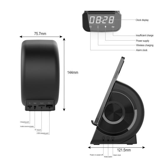 Беспроводное зарядное устройство WD-200, Bluetooth-совместимый динамик, цифровой светодиодный дисплей, будильник, радио, зарядная станция