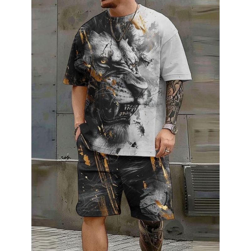 Мужской комплект с короткими рукавами и гордым и безудержным принтом льва, круглый вырез, шорты с короткими рукавами, модный и повседневный мужской комплект