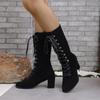 Winter Shoes for Female Front Lace-up Women's Mid-Calf Boots Square Heel High Heel Women's Shoes Cross-tied Ladies Boots